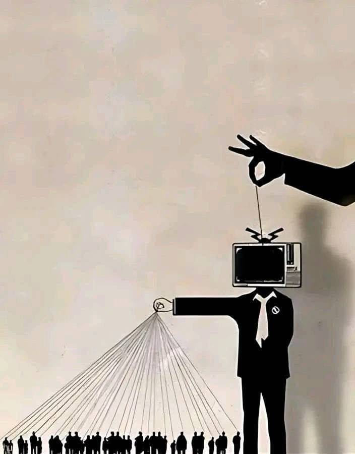 Television-headed figure controlling a crowd while a hand controls the television figure