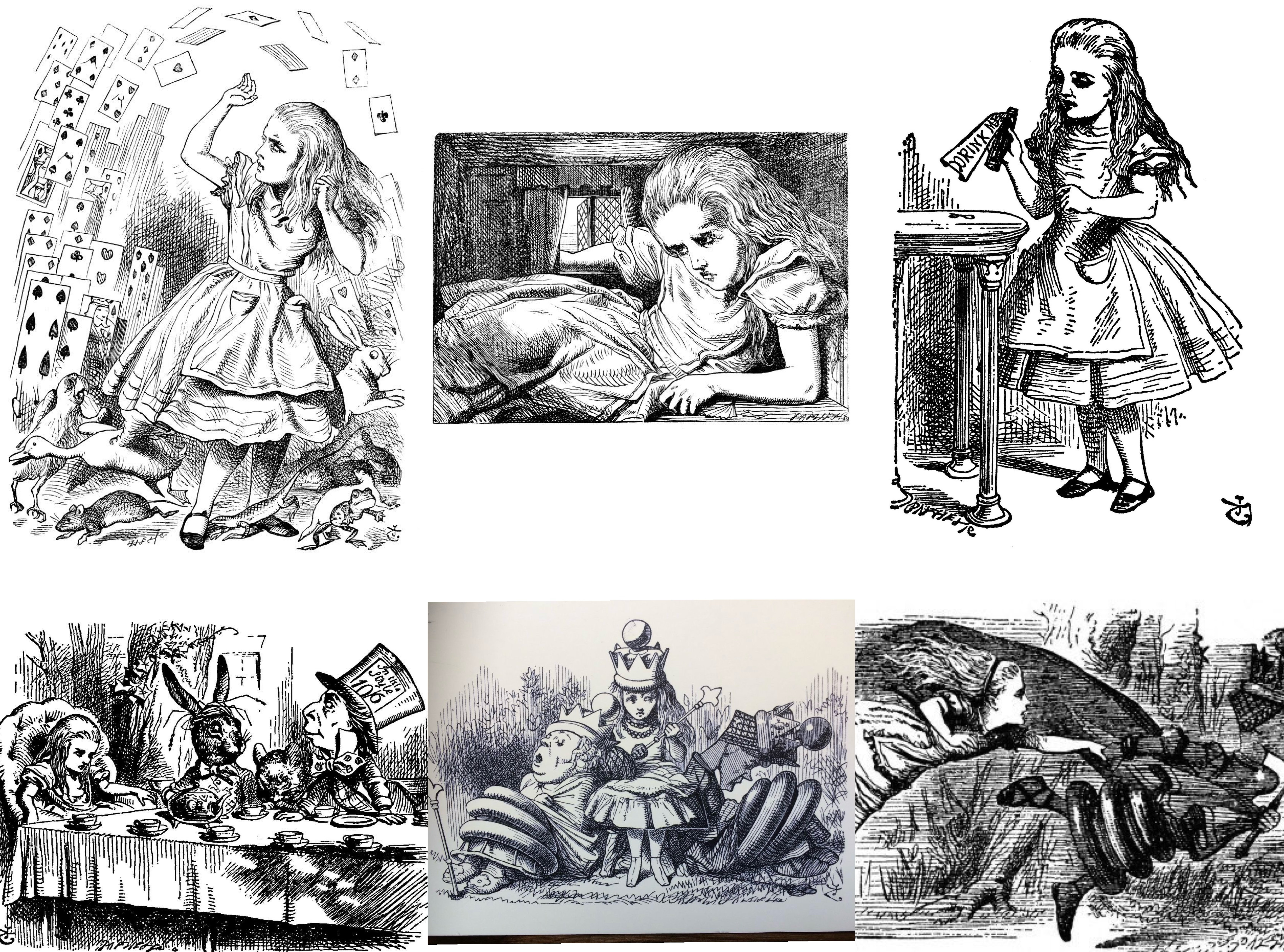 Collage of illustrations of Alice and Wonderland