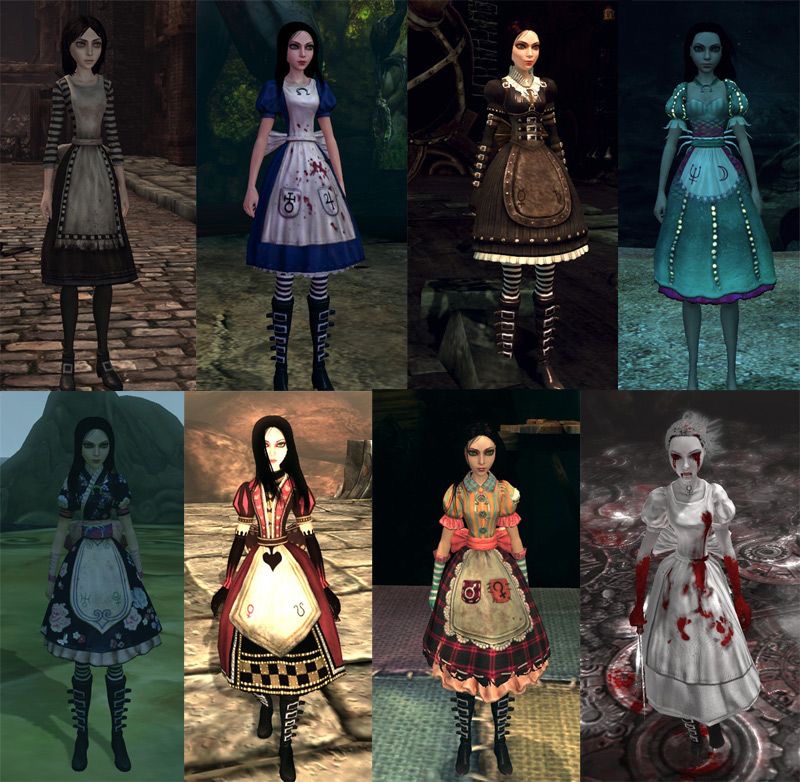 Eight environment-linked Alice outfits