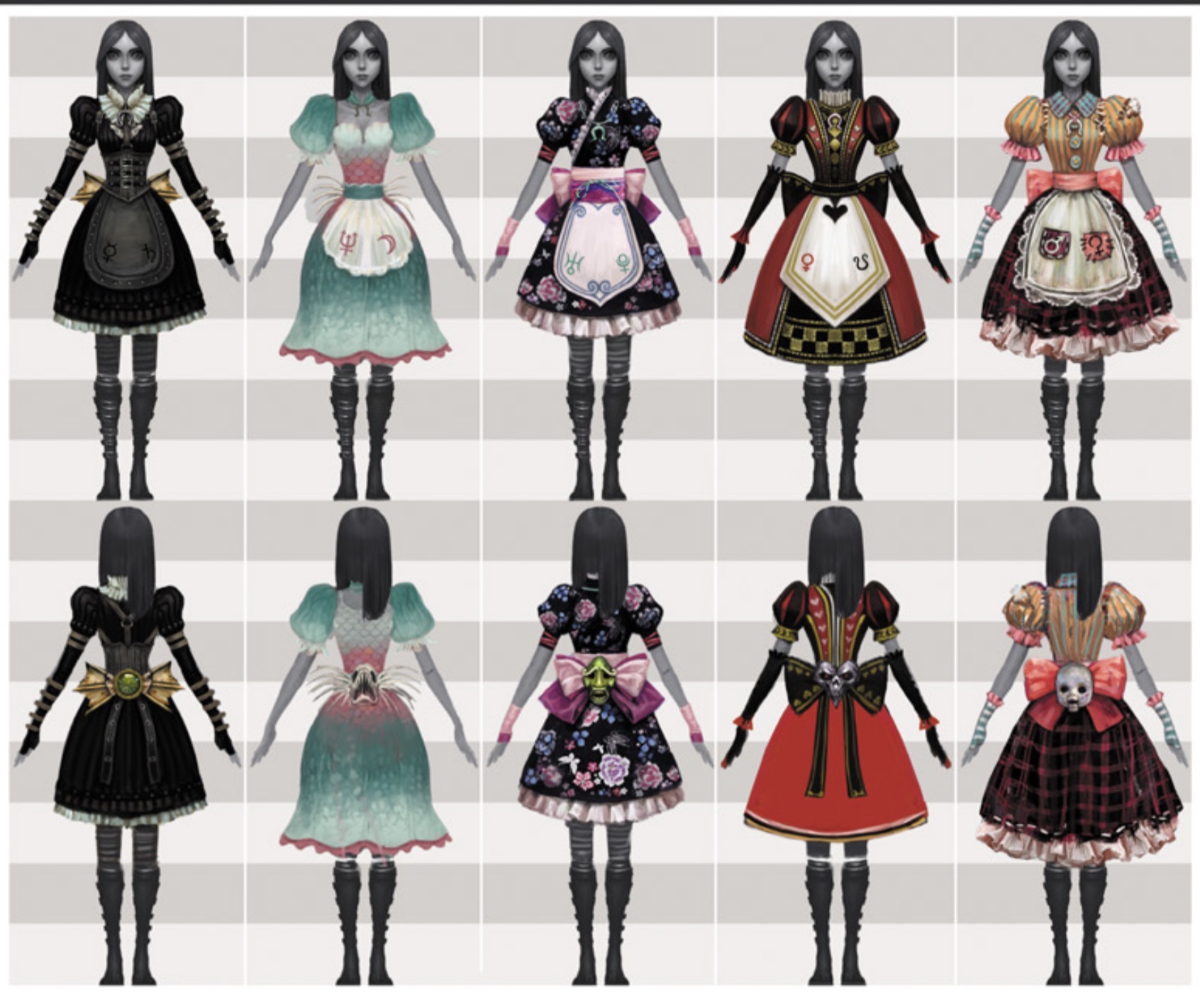 Front and back views of multiple Alice outfits