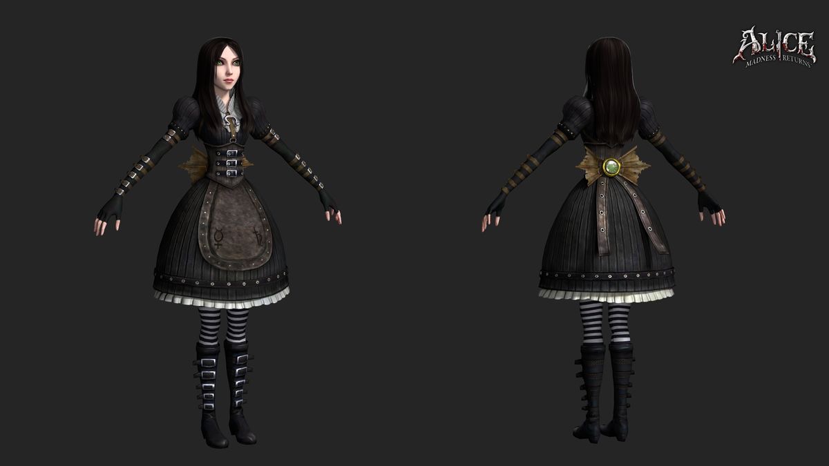 Dark dress with striped stockings, front and back