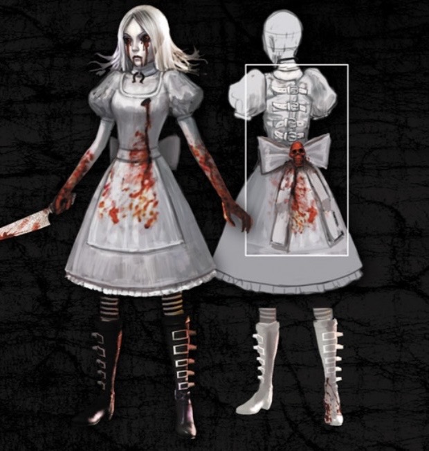 Red-and-white costume concept, front and back