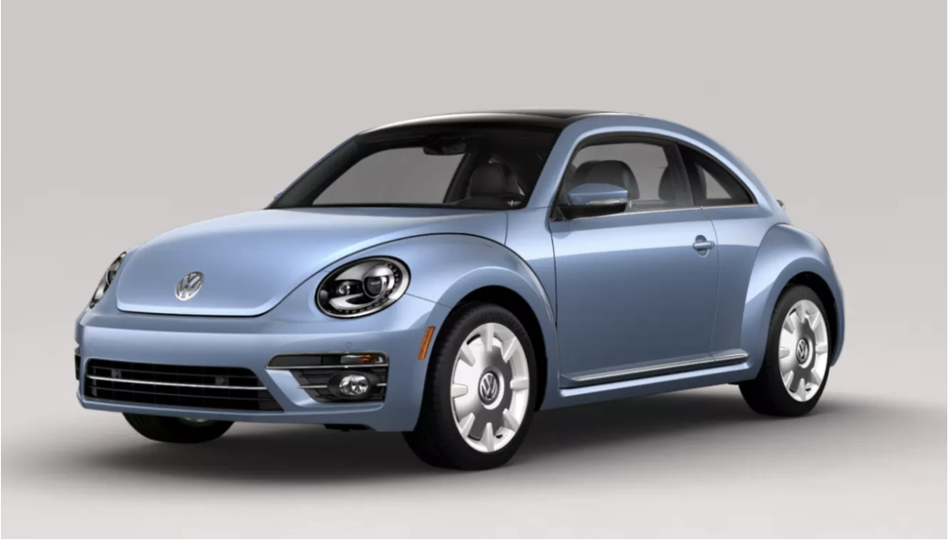 Light-blue Volkswagen Beetle shown from the front and side
